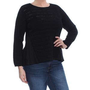 S & CO Womens Black Pointelle-knit Jewel Neck Hi-Lo Sweater Petites Size: L
